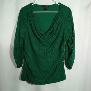 Green Lace Blouse Drape Neck 3/4 Sleeve Sheer Overlay Dressy Top Elegant